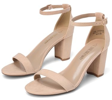 DREAM PAIRS Women's Chunk Low Heel Pump Sandals,Size 8.5,Nude/Suede,CHUNK