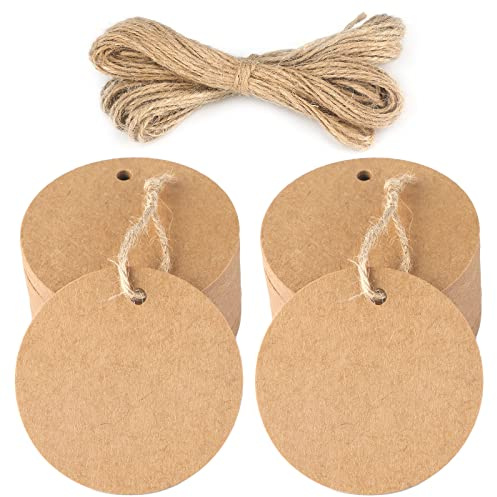 200 pz Etichette Carta Kraft Rotonde 5,5 cm, Tag Regalo Cartoncino e Spago di Iuta, per l'artigianato Matrimoni Battesimo Natale (Marrone)