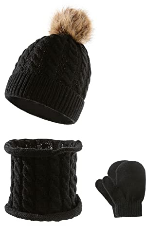 Enfant Bébé 3 en 1 Ensemble Bonnet Écharpe Gants Tricotés Gants d'Hiver Chauds Chapeau avec Tour de Cou Épais Bonnet Écharpe avec Pompon Accessoires d'Hiver pour Fille Garçon 0 à 36 Mois