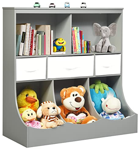 COSTWAY Bibliothèque Enfants à 3 Niveaux avec 3 Tiroirs et 5 Compartiments Ouverts, Étagère à Livres Enfant avec Grand Espace de Rangement, Idéal pour Chambre d’Enfants, Salon, 93 x 40 x 94 cm