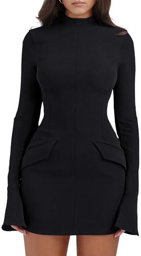 YMDUCH Women's Long Sleeve Mock Turtle Neck Bodycon Mini Tank Short Party Dress Black