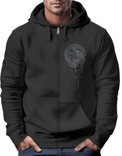 Neverless® Sweatjacke Herren mit Kapuze Fenrir Nordische Mythologie Wikinger Print Zipjacke Männer schwarz 3XL