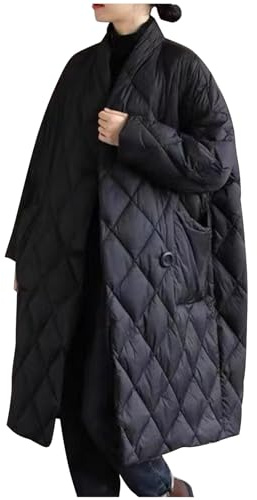 Women Long Baggy Winter Puffer Coats Collarless Cotton-Padded Jacket Button Long Sleeve Pockets Warm Quilted Outerwear