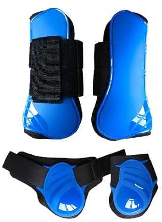Merauno® Gamaschen Pferde 4er Set Gamaschen Paar für vorne hinter Hartschale und Klettverschluss für Damen& Herren PU Robust Elastisch Tendon Boots Classic (S, Blau)