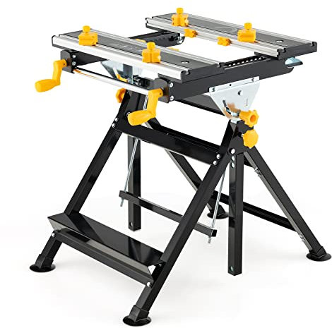 GYMAX Banco da Lavoro Pieghevole Portatile, con Piattaforma Inclinabile, Altezza Regolabile a 7 Livelli e Morsetti Scorrevoli, Tavolo da Lavoro per Casa Garage Officina