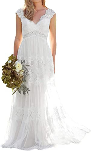 WZEFEIO Robe de Mariée Élégante Dentelle Minimaliste Plage Bohème Mode Nuptiale, Blanc, 42