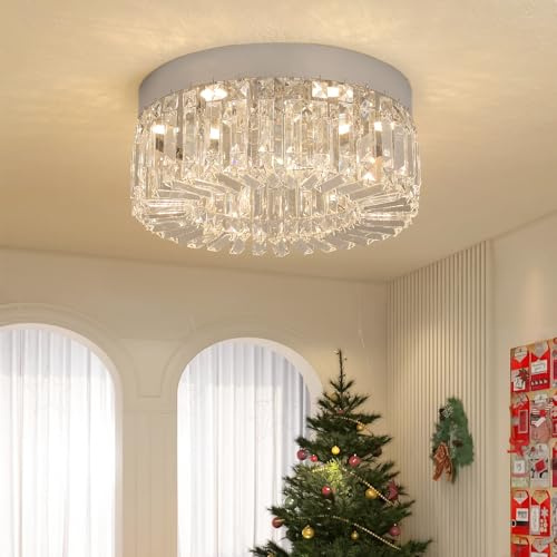 VETRULUS Kristallkrona för Vardagsrum – Modern LED Taklampa Halvinfälld i Kristall för Matsal, Kök, Entré, Krom Silver