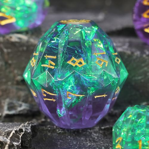 FONVGOGO DND Set med 7 kuber i harts, flerväggiga D&D-tärningar, DND tärningsset (S-grön och guld)