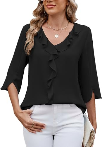 ASKSA T-shirt för kvinnor V-hals 3/4-ärm volangblusar sommar enfärgade lediga affärer lösa eleganta basskjortor toppar, Svart, L