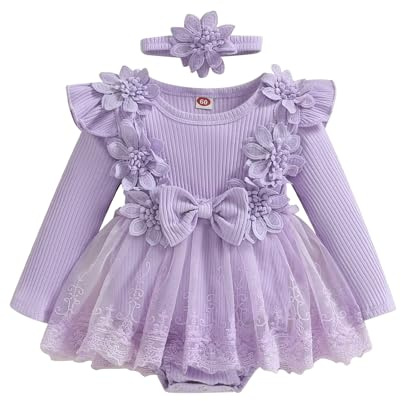 Himllauen Set Tutina per Neonata Pagliaccetto Bambina 3D Fiocco a Fiori Tinta Unita Maniche Lunghe Abito in Rete Tuta Fascia per Capelli Adorabili Autunnali a Costine (Viola, 6-9 mesi)