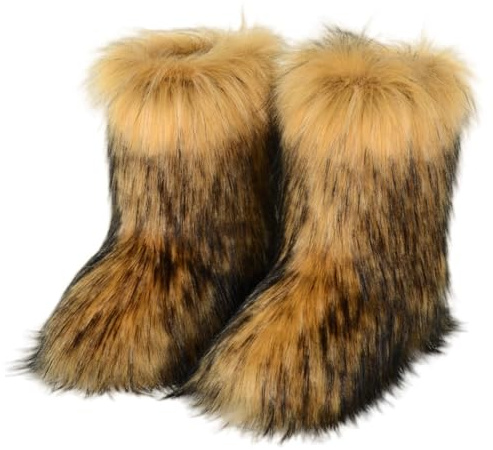 Furry Faux Fur Boots for Women Colourful Winter Warm Soft Plush Snow Boots Fuzzy Fluffy Round Toe Suede Flat Shoes Outdoor Indoor Mid-Calf Boot Brown