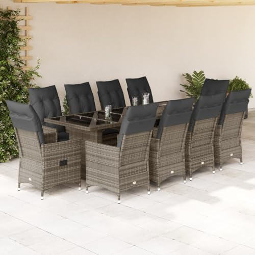 Mandloder Ensemble bistro de jardin 11 pièces en polyrotin gris avec fauteuils de relaxation réglables, table en verre trempé résistant aux UV pour terrasse, balcon, salle à manger avec coussins