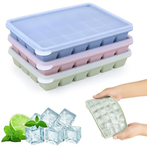 3 Piezas Molde de Cubitos de Hielo de Silicona con Tapa, Bandeja de 24 Compartimentos, Sin BPA, Moldes para Café y Helado (2x2x2 cm)