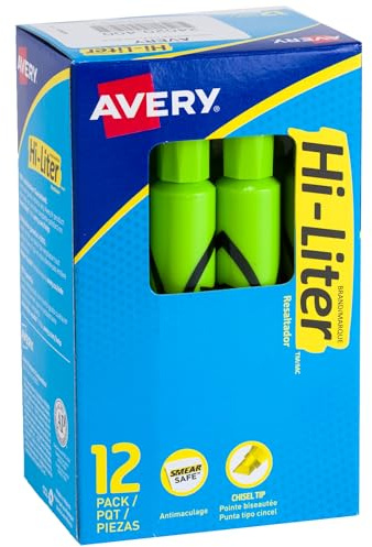 Avery Hi-Liter Desk-Style Highlighters, Smear Safe Ink, Chisel Tip, 12 Fluorescent Green Highlighters (24020)