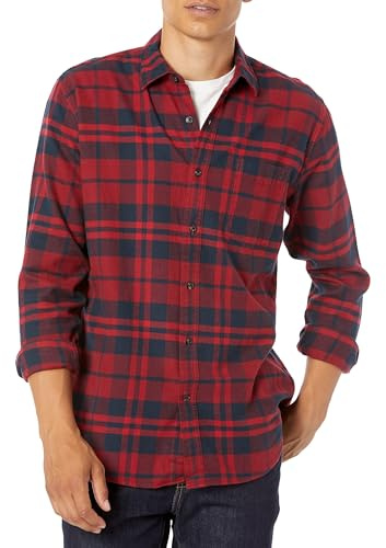 Amazon Essentials Men's Regular Fit Long-Sleeve Flannel Shirt, Soft Brushed Cotton, Lightweight yet Warm, Red Plaid, X-Small