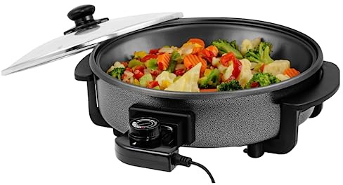 OVENTE 11.5-Inch Electric Skillet & Frying Pan, 1400W Nonstick Cooking Pan with Adjustable Temperature Control, Tempered Glass Lid with Steam Vent, Cool-Touch Handles, Easy-Clean Black SK11112B