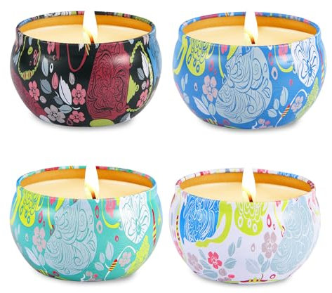 AIMASI Scented Candles Gift Set of 4 Jasmine,Lotus,Lilac Blossoms & White Gardenia,Aromatherapy Candles, Natural Soy Wax Portable Travel Tin Candle, Birthday Gifts, Mother's Day,Gifts for Women