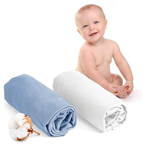 Dreamzie - Spannbettlaken 70x140 Baby 2er Pack - Baumwolle Oeko Tex Zertifiziert - Weiß und Blau - 100% Jersey Spannbetttuch 70x140cm