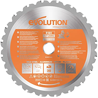 Evolution Power Tools R185TCT-20MS 185 mm Multi Material Mitre Saw Blade - Carbide Tipped Blade Cuts Wood, Metal and Plastic
