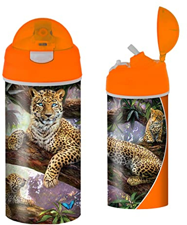 3D LiveLife Drinking Bottle - Tree Top Leopards from Deluxebase. 3D Lenticular 600ml BPA Free Reusable Orange Water Bottle with Straw & Flip Top Lid. Leak Proof Animal Drinks Bottles Leopard Design.