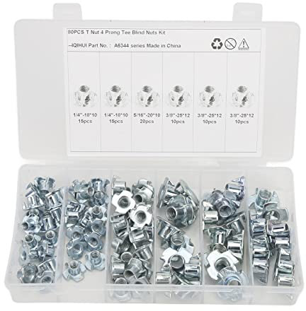 80 Pièces Ecrou en T 4 Griffes, M6 M8 M10 Écrous à Griffes en Carbone Zingué Assortiment Kit de Clous à Quatre Coins pour D'éclairage Ponts de Construction Meubles 1/4 18x10 5/16 20x10 3/8”25x12