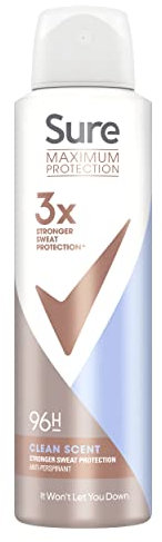 Sure Women Maximum Protection Clean Scent Antiperspirant Body Spray Deodorant with 3x stronger* sweat protection for 96 hour protection against sweat and odour 150 ml