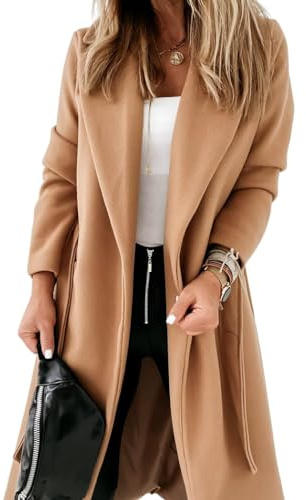 Womens Classic Coat Lapel Collar Open Front Belted Long Jacket, Camel, XL