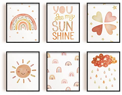 SUPERDANT You Are My Sunshine Canvas Wall Art 6 PCS Rainbow Pictures Print Boho Rainbow Decor Nursery Wall Art Poster Baby Girl Bedoom Print Toddler Room Decor Unframed