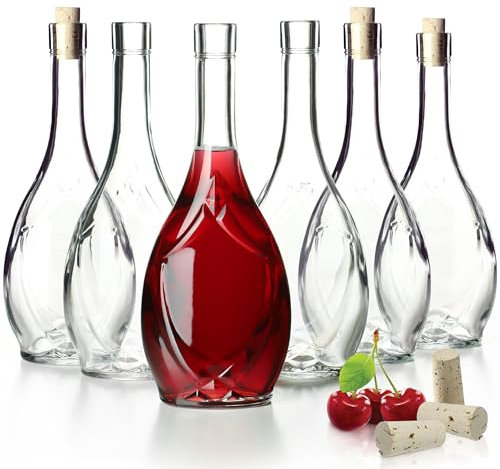 KADAX Lot de 6 bouteilles en verre avec bouchon en liège hermétique, motif raisin, bouteille d'huile, vinaigre, récipient en verre pour liqueur de fruits, bouteille de vin, conteneur en verre (500 ml)