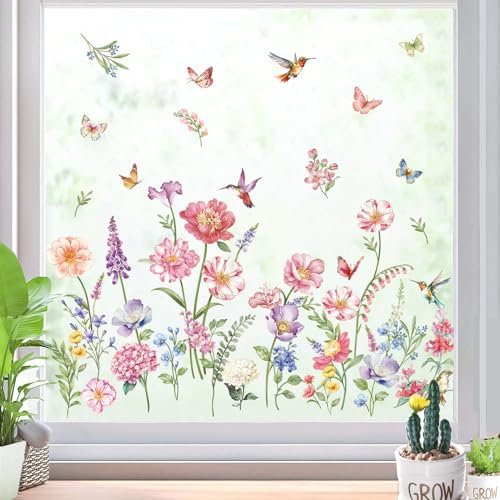decalmile Fensteraufkleber Garten Blumen Fensterbilder Frühling Fenster Abziehbilder Blumen Schmetterlinge Anti-Kollision Fensterfolie Glas Fensterdeko Aufkleber