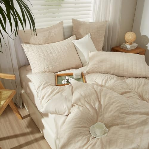 YASMENG Seersucker - Ropa de cama de 200 x 200 cm, diseño a rayas, color beige, 3 piezas, suave y transpirable, microfibra, funda nórdica con cremallera y 2 fundas de almohada de 80 x 80 cm