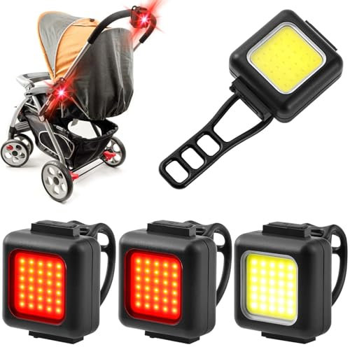4 luci per passeggino, IPX5, illuminazione impermeabile, luce per passeggino, con 3 modalità di luce, luce ricaricabile USB, per deambulatore rosso e bianco, adatto per tutti i passeggini