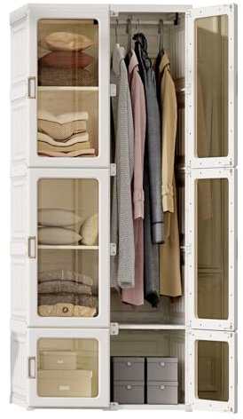 Armario portátil plegable con barra para colgar ropa, organizador de almacenamiento de plástico con puertas transparentes para sala de estar y dormitorio (transparente, 6 cubos, 1 barra para colgar)