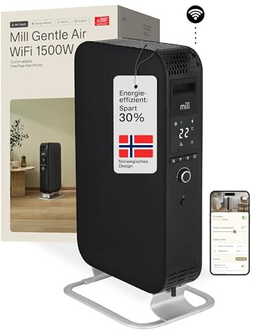 Mill Radiateur Bain d’Huile WIFI 1500W - Radiateur Connecté WIFI avec App, pour 18–22m², Radiateur Électrique Noir Silencieux, à Économie d’Énergie et Sécurisé, Design Norvégien