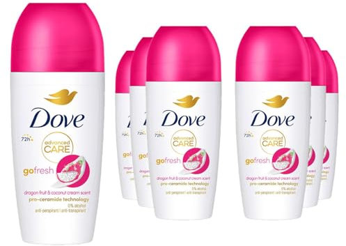 Dove Advanced Care Go Fresh Dragonfruit & Coconut Cream Scent Women's Antiperspirant Deodorant Roll On for 72 hour sweat protection with Pro-Ceramide technology 50 ml, Pack of 6