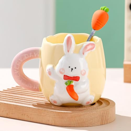 Bocguy Taza de conejo, taza de Pascua, tazas en relieve 3D, linda cup de animales, mug de cerámica, linda divertidas regalos para Pascua, cumpleaños, aniversario (amarillo)