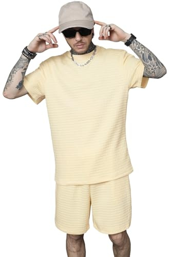 KUYIGO Men's Tracksuits 2 Piece Outfits Short Sleeve Crew Neck Waffle Texture Pullover Tracksuit Set Sweatshirt and Joggers Waffle Tops Bottoms Casual Sport Activewear Suit, Apricot XXL
