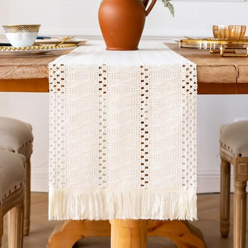 Tischläufer Beige 30x140cm Boho Makramee Baumwolle Flachs Deko Tischdecke mit Quasten & Häkelspitze Abwaschbar für Hochzeit Küche Vintage Bauernhaus Deko | Landhausstil Rustikal