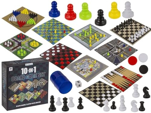 Set de Juegos de Mesa 10 en 1, Incluye Ajedrez, Damas, Parchis, Oca y Más, 16,4 x 16 x 5,2 cm, con Fichas y Dados
