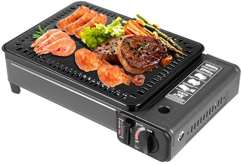 2 en 1 réchaud de camping portable et petit barbecue à gaz, barbecue-cuisinière, gril portable, réchaud à gaz de camping, barbecue au butane, adapté pour le camping, l'extérieur et l'intérieur