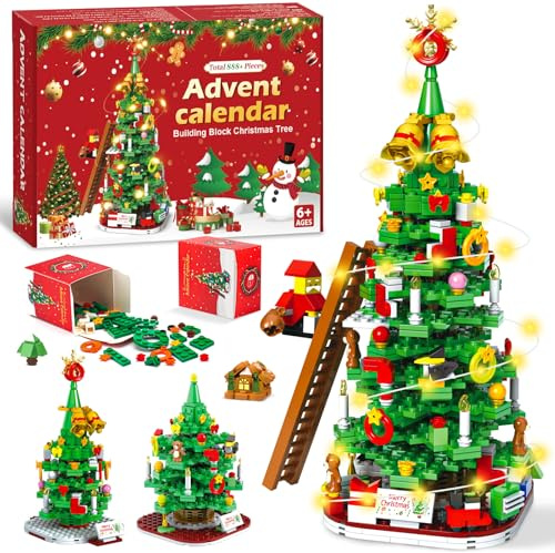 Calendrier de l'Avent 2025 avec blocs de construction d'arbre de Noël pour adultes et enfants, calendrier compte à rebours de 24 jours transformant les jouets de construction d'arbre de Noël avec