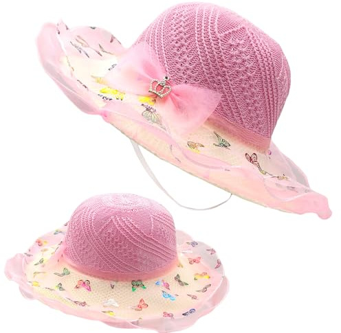 FOSDICK Sombrero Paja Niño, Sombreros de Playa Dulce y Dulce con Decoración de Lazo, Trenzado Transpirable Ombrero de ala Ancha Sombrero Paja, Plegable Verano Sombreros Protección Solar para Niña