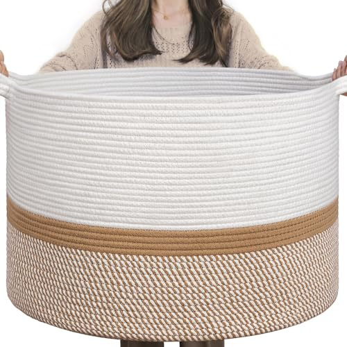 TIMEYARD XXXLarge Cotton Rope Basket Woven Baby laundry Blanket Basket for Home Decor Living Room Nursery, Toy Storage Baskets for Kids Boys Girls, 55x35cm, White & Jute Mix
