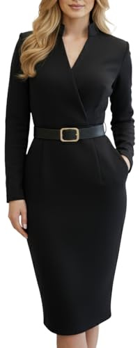 Lurha Women's Black Sheath Dress with Mandarin Collar and Belt,Long Sleeve Elegant Polyester Midi Dress for Office,Events (US, Alpha, X-Small, Regular, Regular, White)