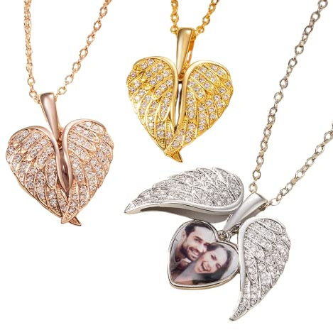 Collar Relicario de Alas de Ángel en Plata Esterlina con Foto Personalizada para Mujer - Colgante Corazón con Alas Angelicales - Joyería Conmemorativa Personalizada - Regalo Sentimental para Mamá