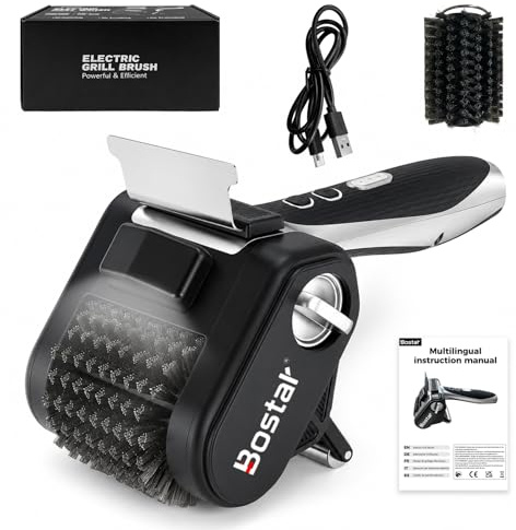 Bostar Cepillo Barbacoa Eléctrico Inalámbrico - 4000mAh Limpiador de Parrillas con Raspador de INOX y Luz LED, 450 RPM Potente para Gas y Carbón, Incluye 1 Rodillo de Repuesto