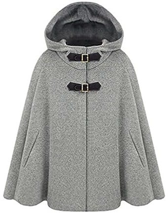 Femme Élégant Chaud Hiver Capuche Poncho Cape Mélange de Laine Veste Manteau à Capuche M Gris