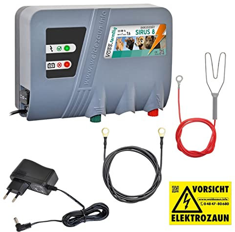 VOSS.farming Weidezaungerät 12V SIRUS 8 Netzadapter, Gewaltige 7,6 Joule 10000 Volt Elektrozaungerät Batteriegerät für Rinder, Pferde, Ziegen - top auch als Wildzaun