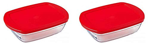 Pyrex O'Cuisine Borosilicate Glass Rectangular Dish with Plastic Lid 0.4 Litre Red (Pack of 2)