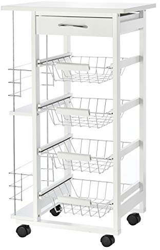 HOMCOM Carrello da Cucina Salvaspazio in Legno Bianco, Portavivande con 1 Piano di Lavoro 1 Cassetto e 4 Cestelli Metallici, 47x37x83cm